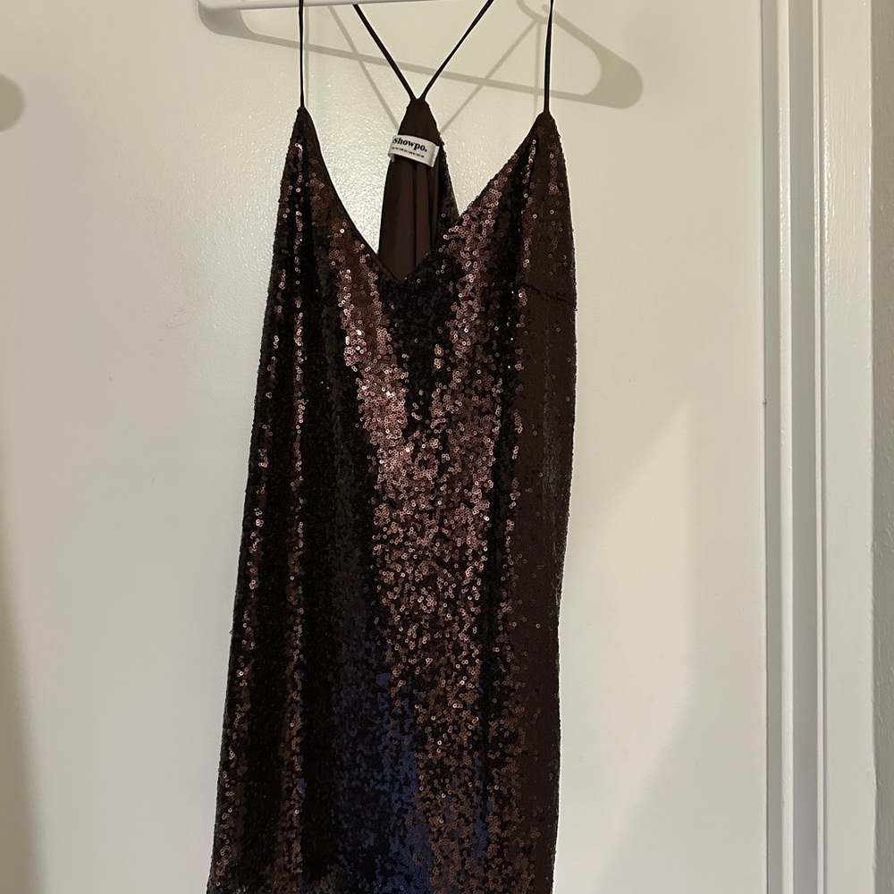 Brown Sequin Halter Dress